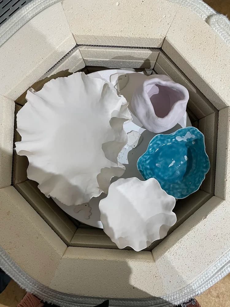 White ceramic pieces on shelves